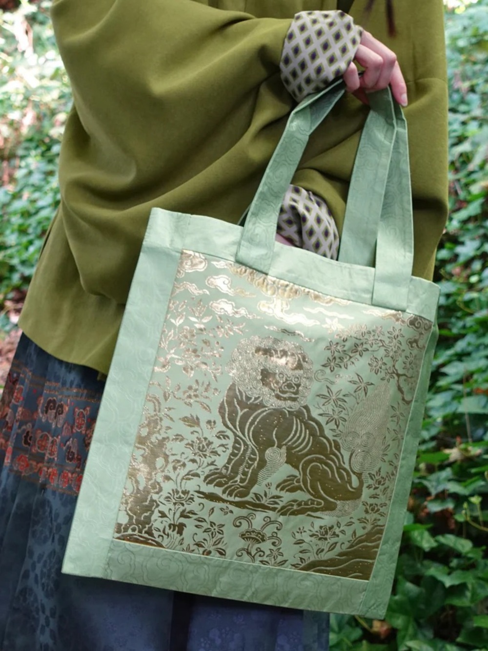 Asian Chinese Xiang Shi Lucky Lion Golden Buzi Patch Brocade Tote Bag Green NEW